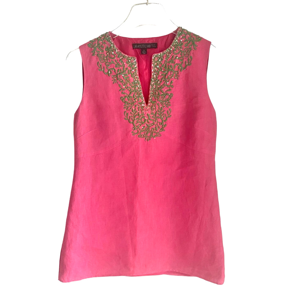 Lafayette 148 Fuchsia Pink Linen Tank Size 0  Beaded Embroidered Sequin Neckline